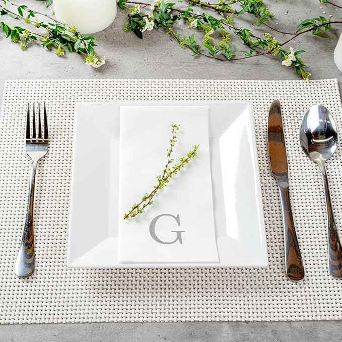 Luxenap 15.8 X 7.9 Inch Linen-Feel Guest Towels, 2000 Lettered Hand Towels - Silver Letter 'G', Sans Serif Font, White Paper Dinner Napkins, airlaid, For Restrooms And Tables - Restaurantware