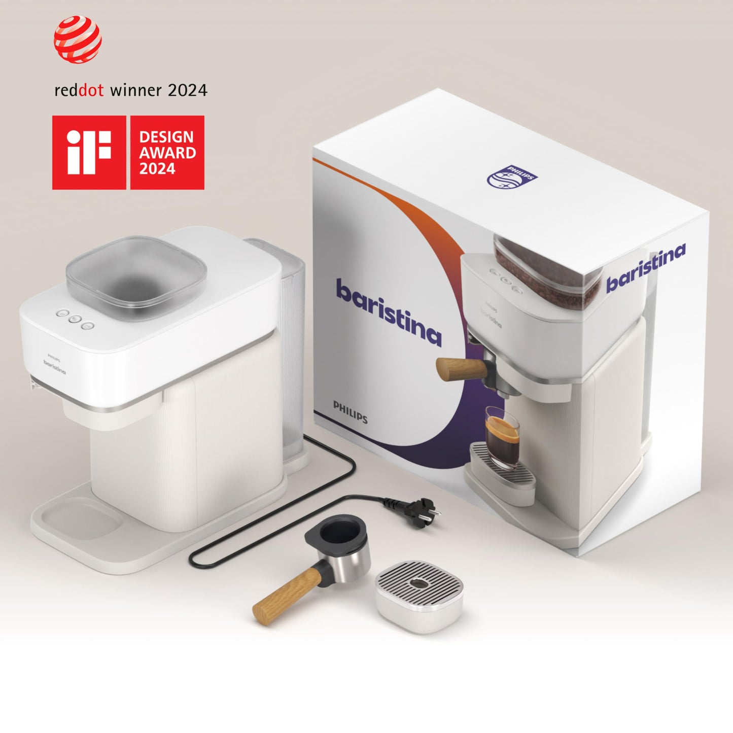 Baristina Espresso Machine (Espresso Machine / White w/Wood Handle)