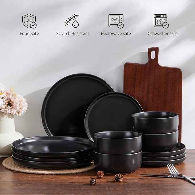 E-far Stoneware Dinnerware Sets for 2, 6-Piece Plates and Bowls Set, Modern Ceramic Dishes Dinning Ware, Microwave & Dishwasher Safe - Matte Black