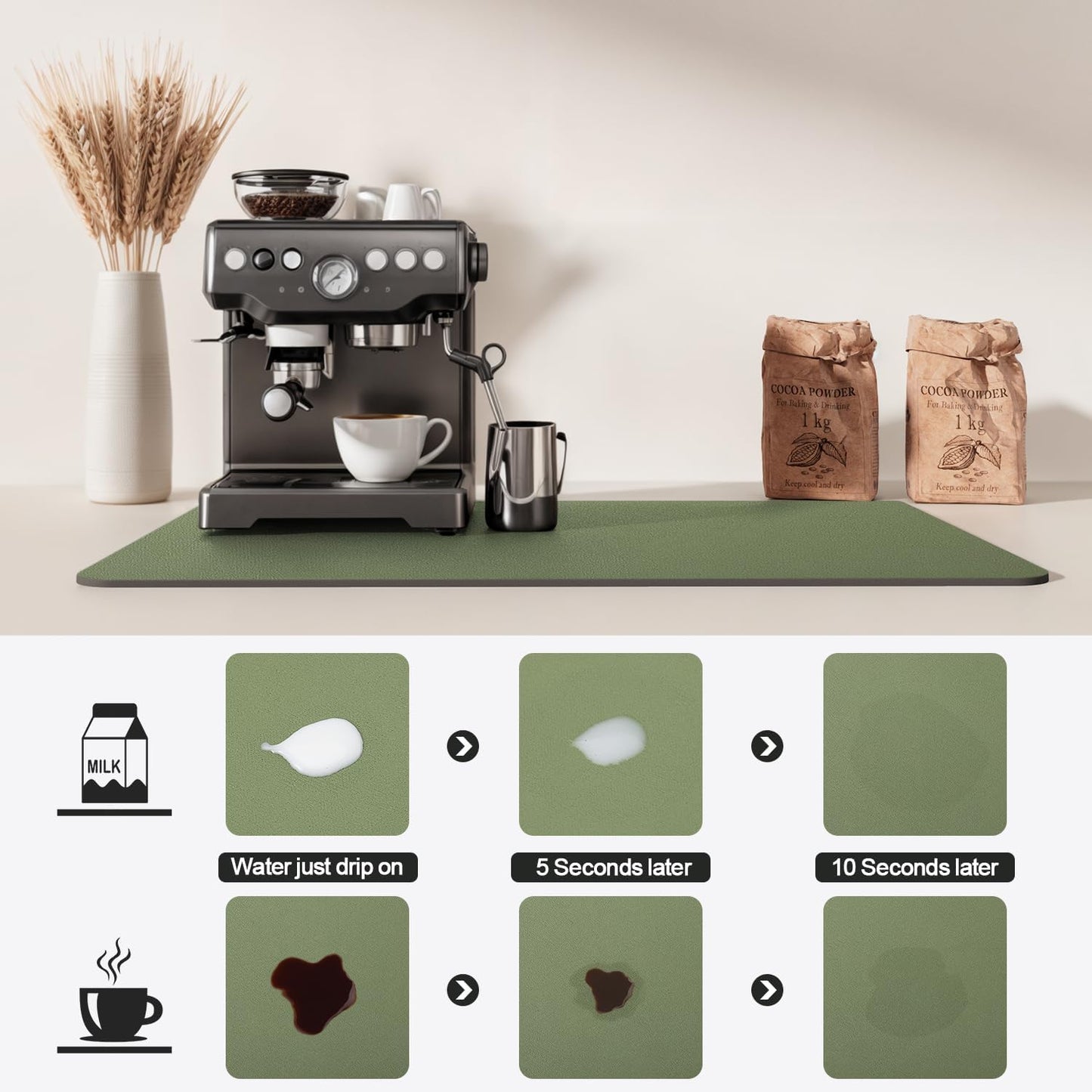 Dish Drying Mat for Kitchen Counter | Coffee Bar Mat for Countertops | Heat Resistant Drainer Mat with Non-slip Rubber Backed | Hide Stain Kitchen Absorbent Draining Mat | Green 16"x24"