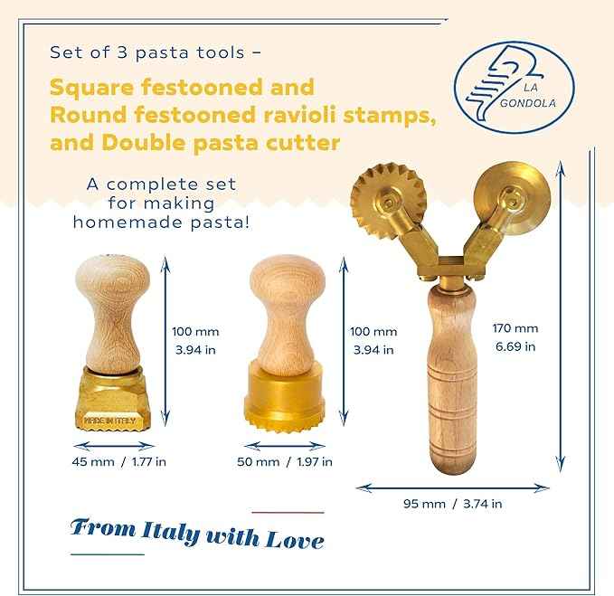 La Gondola Set of 3 Pasta Tools - Square Festooned 1.77x1.77in & Round Festooned 1.97in Ravioli Stamps & Double Pasta Cutter Wheel (Festooned & Smooth) | Brass & Natural Wood | Italian Pasta Cutters