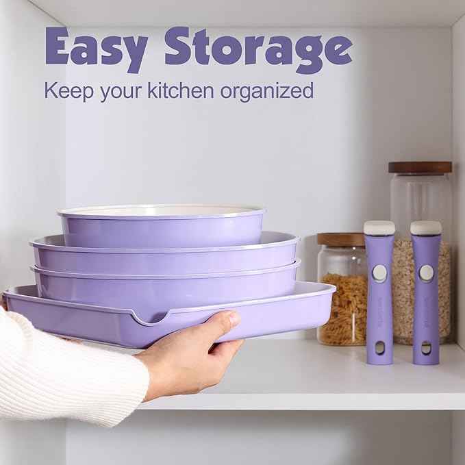 SENSARTE 17 Piece Ceramic Pots and Pans Set, Nonstick Detachable Handle Cookware, Induction Kitchen Cookware Set with Removable Handle, Dishwasher ＆ Oven Safe (Purple)