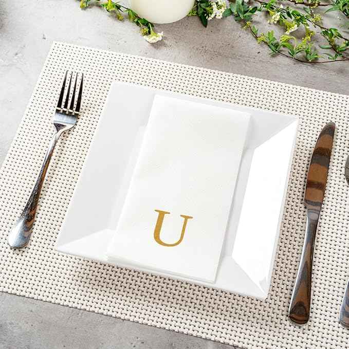 Luxenap 15.8 X 7.9 Inch Linen-Feel Guest Towels, 2000 Lettered Hand Towels - Gold Letter 'U', Sans Serif Font, White Paper Dinner Napkins, airlaid, For Restrooms And Tables