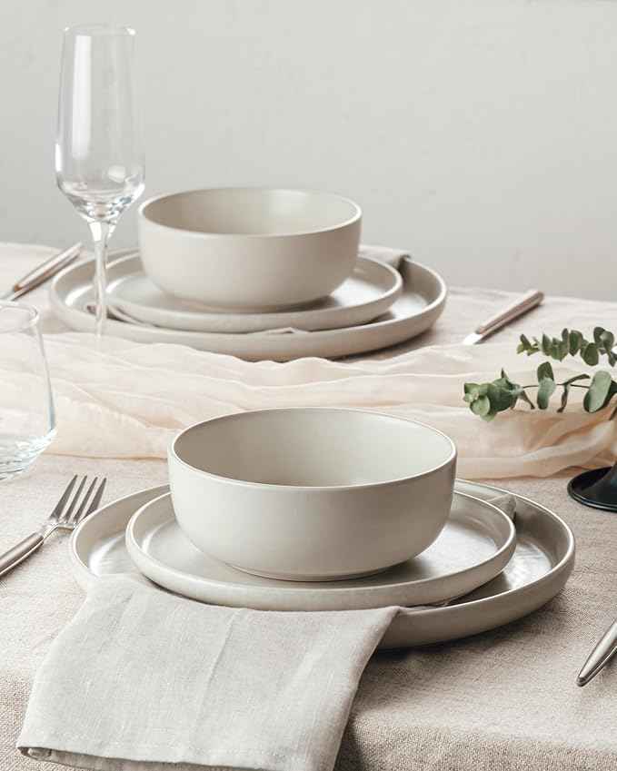 Famiware Milkyway Stoneware Dinnerware Sets with Mugs, Service for 6 (24 Pieces), Reactive Glaze Plates and Bowls Sets, Microwave and Dishwasher Safe Dishes Set, Matte Beige White