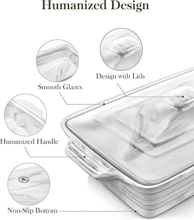 MALACASA Large Casserole Dish with Lid, 4.4 Quart Ceramic Baking Dish for Oven, 13 x 9 Lasagna Pan Deep with Lid, Microwave, Dishwasher Safe, Series BAKE-GREY