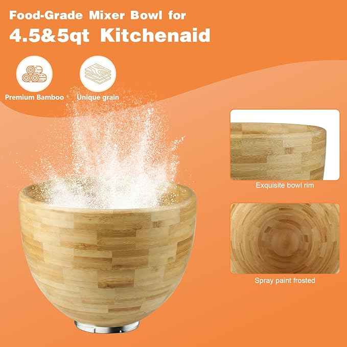 5 Qt Solid Wood Mixing Bowl Compatible with KitchenAid Tilt-Head Stand Mixer, Handcrafted Natural Wooden Bowl for 4.5-5 Qt K45SS KSM75 KSM150, Ideal for Bread Dough & Salads (Pale Yellow)