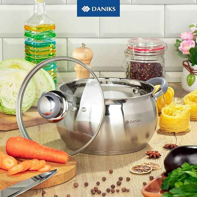Daniks Modern 3 Quart Stainless Steel Stock Pot with Glass Lid, Tri-Ply Bottom for Even Heating, Induction Compatible, Dishwasher Safe, Heatproof Handles