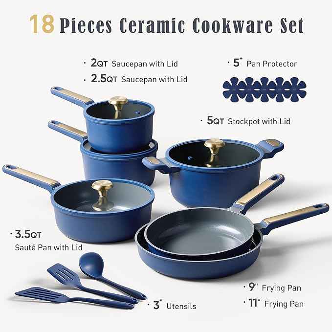 CAROTE Ceramic Cookwar Set, Pots and Pan Set Non Stick 18 Piece, Cookware Set Kitchen Cooking Set Non Toxic, PFAS PTFE Free, Blue