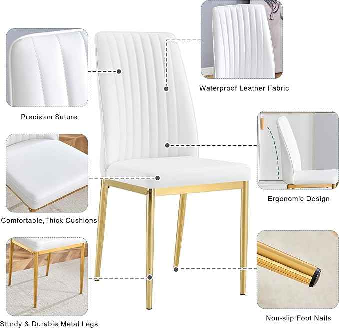 White Dining Chairs Set of 8 Leather Modern Kitchen Chairs with Metal Legs Armless Upholstered Chair for Dinner Room, Office, Waiting Room(Set of 8, White Golden Chair)