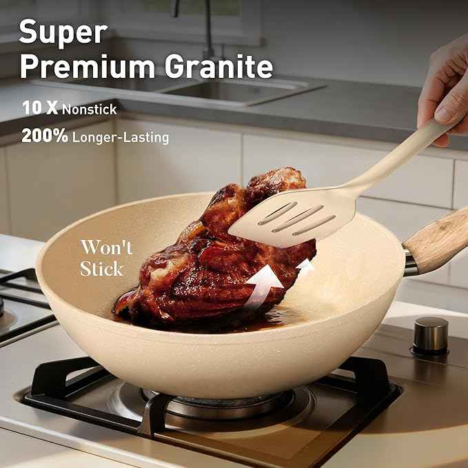 DisDelight Pots and Pans Set Non Stick, Nonstick Induction Granite Kitchen Cookware Sets, Induction Nonstick Granite Cooking Set, Induction Cookware Cooking Pan Set, Pan Sets for Cooking, Cream White