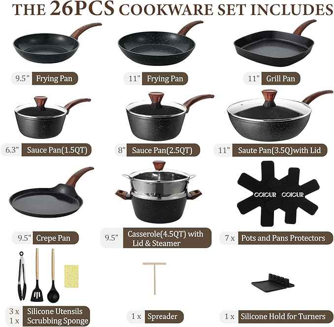 26Pcs Pots and Pans Nonstick Ceramic Cookware Set Nontoxic Kitchen Cooking Set with Steamers Utensils Induction Compatible, PFAS/PFOA Free, Oven and Dishwasher Safe, Black
