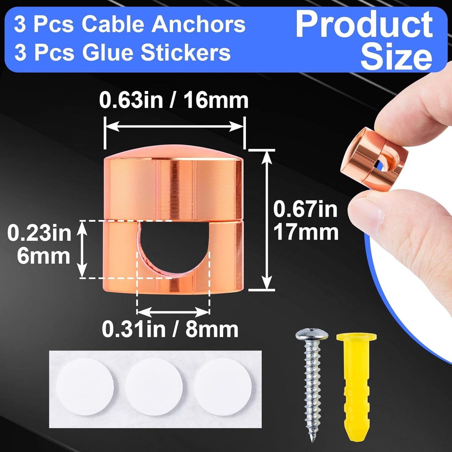 3 Sets Charger Holders for Cords, Rose Gold Color Adjustable Cable Anchor Holders, Adhesive Metal Cord Clips, Cable Management Wire Organizers for Desk, Office, Nightstand