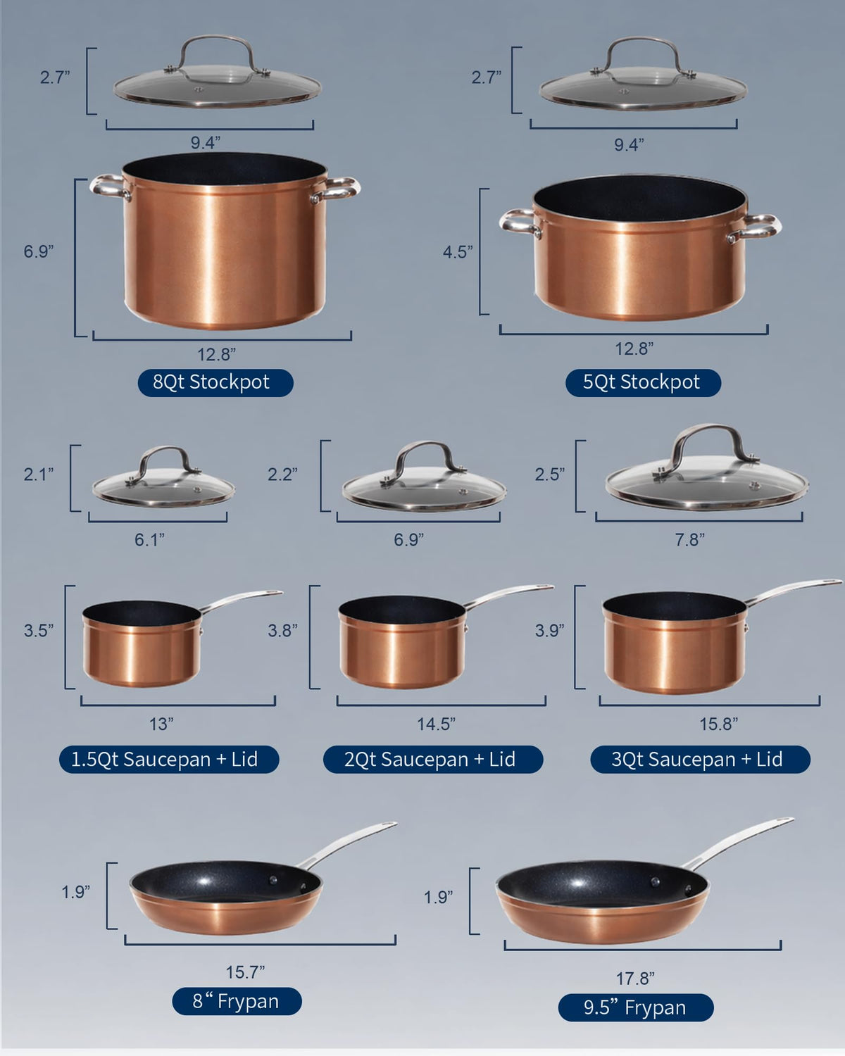 12pc Healthy Pots and Pan Set Non (Rustic Copper (G10))