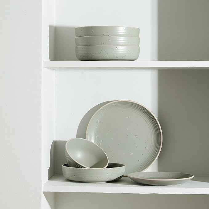 Stone Lain Lauren Stoneware, Rustic Plates and Bowls Set, Dinnerware, Service for 4, Speckled Green, Dishwasher & Microwave Safe, 16-Piece