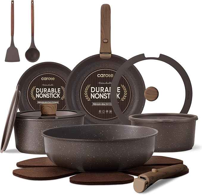 CAROTE 17PCS Pots and Pans Set Non Stick with Detachable Handle, Nonstick Cookware Sets, Cooking Kitchen Set, Oven/Dishwasher Safe, Induction Cookware, Brown, RV Kitchen Pot and Pan