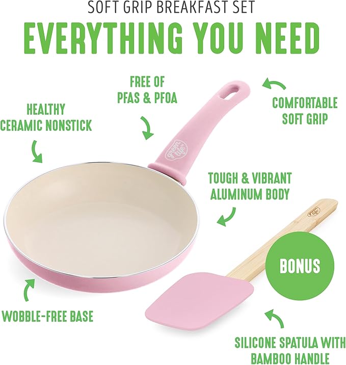 GreenLife Soft Grip 8” Frypan Skillet and Spatula Breakfast Cookware Set, PFAS-Free Ceramic Nonstick, Silicon Spatula with Bamboo Handle, Egg Omelette Bacon, Dishwasher Safe, Stay-Cool Handles, Pink