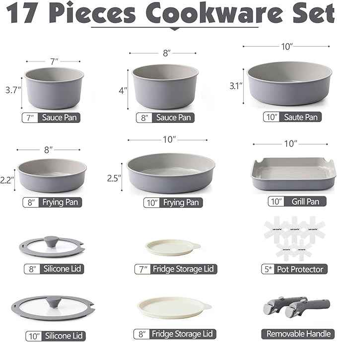 SENSARTE 17 Piece Ceramic Pots and Pans Set, Nonstick Detachable Handle Cookware, Induction Kitchen Cookware Set with Removable Handle, Dishwasher ＆ Oven Safe (Gray)