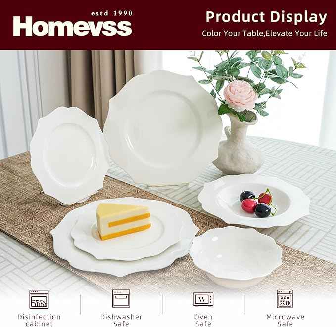 HomeVss, New Bone China Dinnerware Set, Embossed Lotus Design, 20pc Set