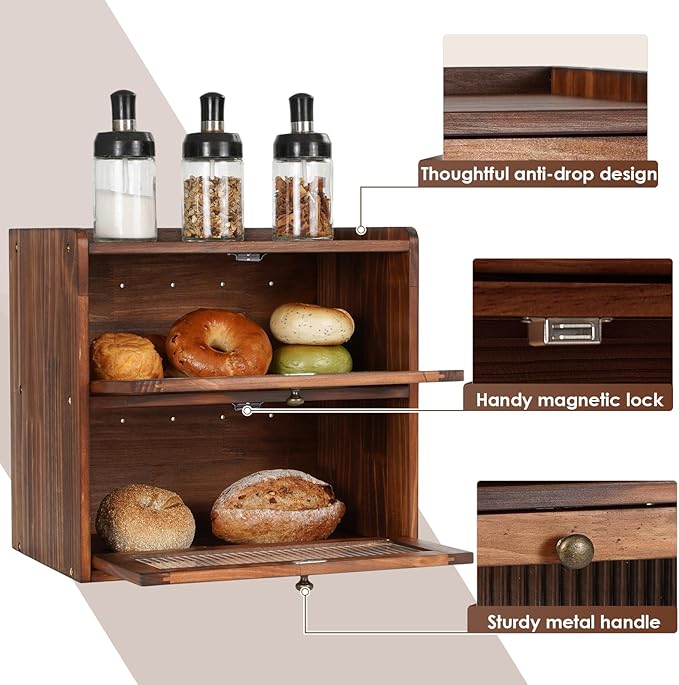 Sunhoo Bread Box for Kitchen Countertop Wooden Bread Storage Container Bin 2 Layer Breadbox Holder Large Capacity Keeper Vintage Farmhouse Food Organizer Pantry Shelf Acrylic Window（Black）