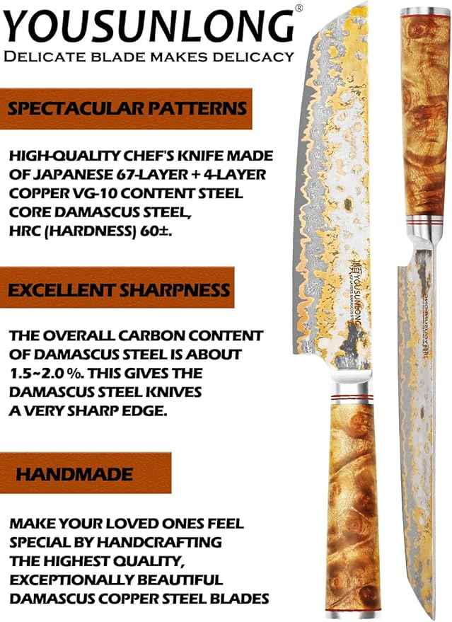 YOUSUNLONG Tanto Chef's Knife 8 Inch - Japanese Handmade CuMai Copper Damascus Steel Blade - Naturel Burl Wooden Handle with Leather