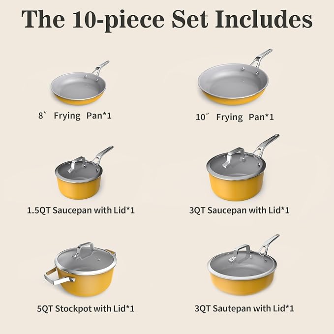 10-Piece Ceramic Nonstick Cookware Set with Lids - PFAS/PTFE/PFOA-Free, Interior & Exterior Ceramic Coating -Easy to Clean- Kitchen Storage-All Stovetop Compatible & Oven-Safe up to 480°F