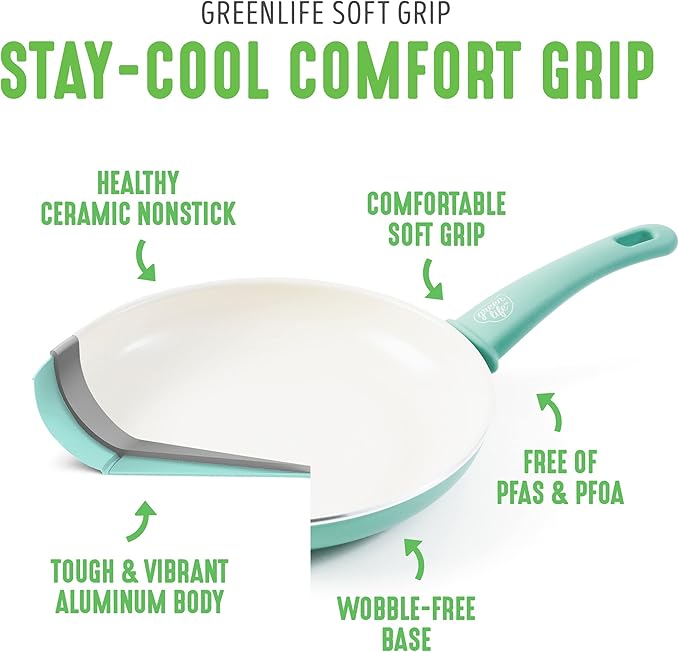 GreenLife Soft Grip Healthy Ceramic Nonstick 18 Piece Kitchen Cookware Pots and Frying Sauce Saute Pans Set, PFAS-Free with Kitchen Utensils and Lid, Dishwasher Safe, Turquoise