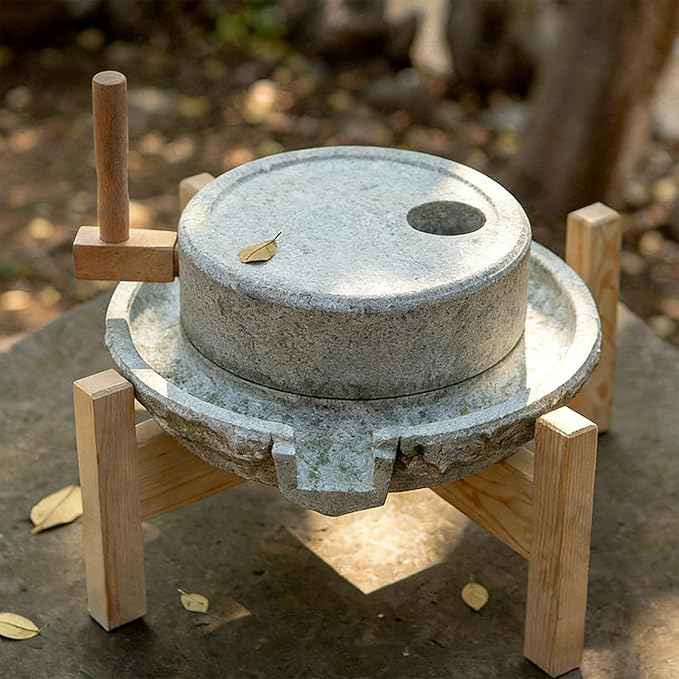 Manual Stone Grain Mill with Wooden Base for Grinding Flour, Rice, Spices, Beans, Wheat, Coffee – Premium Quality, Adjustable Coarseness, Vintage Kitchen Tool