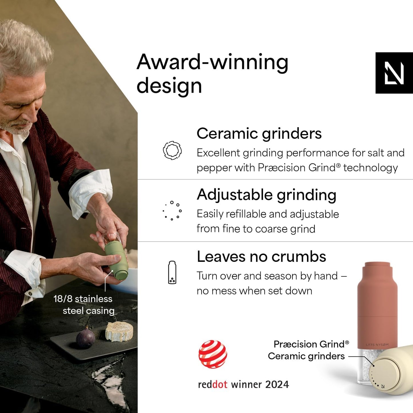 LARS NYSØM Salt and Pepper Grinder Set, Stainless Steel Manual Salt and Pepper Mills, Adjustable Ceramic Grinder, Design Spice Shakers (Red/Beige)