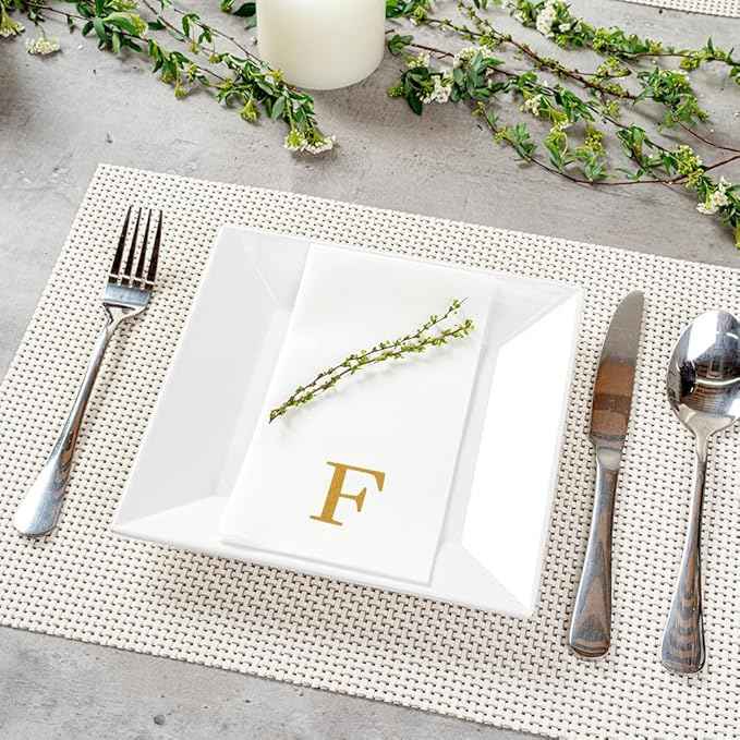 Luxenap 15.8 X 7.9 Inch Linen-Feel Guest Towels, 50 Lettered Hand Towels - Gold Letter 'F', Sans Serif Font, White Paper Dinner Napkins, airlaid, For Restrooms And Tables - Restaurantware