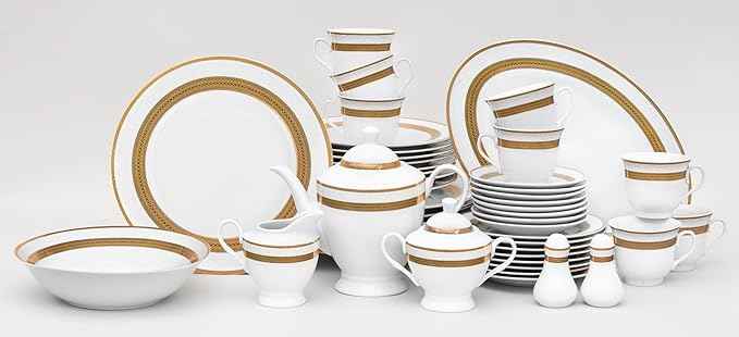 Porcelain Dinnerware Set for 8 - Gorgeous 49 Piece Dish Set - White and Gold Rope Design Porcelain Service for 8 - Chip Resistant Dining Set - For Everyday Use or Formal Occasions (Rope Gold 2049)