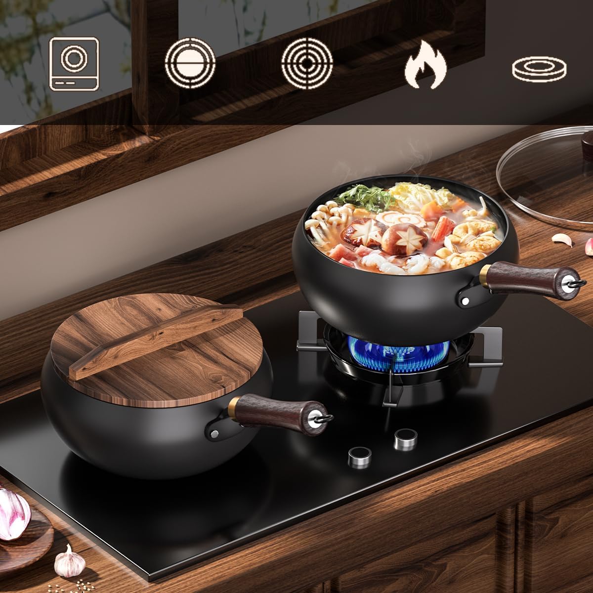 Carbon Steel Wok Pan, nitrided woks Uncoated Heats Evenly Multi-Purpose Frying Pan, Suitable for Any Stove, Oven or Even Camping Campfire with Lid and Wooden Handle