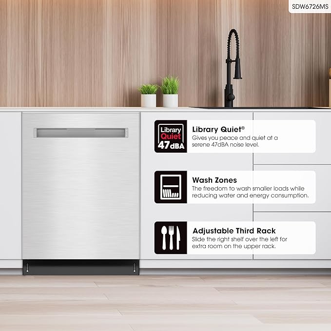 Sharp SDW6726MS 24-inch Stainless Steel Dishwasher, 47 dB Library Quiet, Third Rack, Power Wash Sprayer, 12 Place Settings,