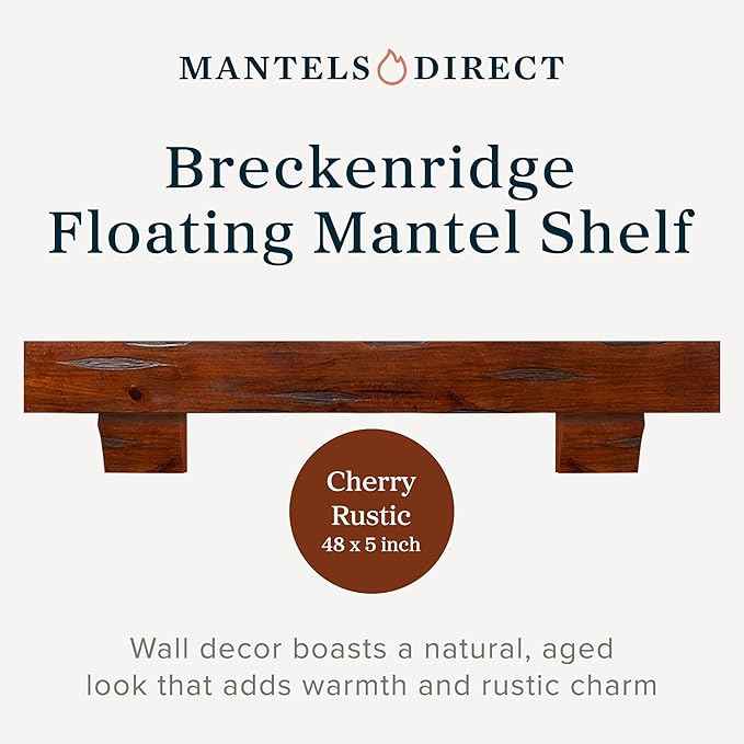 MANTELSDIRECT Breckenridge 48” Fireplace Mantel Shelf with Corbels – Rustic Floating Mantel Shelf for Over Fireplace – Cherry - Wood Shelf for Wall – Pine Box Construction