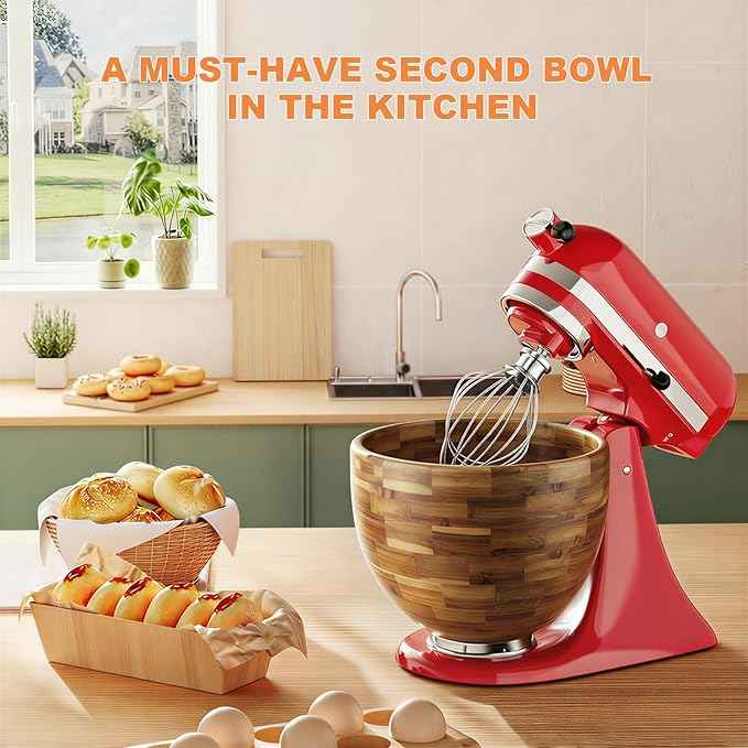 5 Qt Solid Wood Mixing Bowl Compatible with KitchenAid Tilt-Head Stand Mixer, Handcrafted Natural Wooden Bowl for 4.5-5 Qt K45SS KSM75 KSM150, Ideal for Bread Dough & Salads (Light Brown)