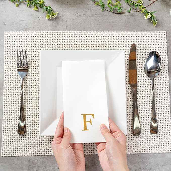 Luxenap 15.8 X 7.9 Inch Linen-Feel Guest Towels, 50 Lettered Hand Towels - Gold Letter 'F', Sans Serif Font, White Paper Dinner Napkins, airlaid, For Restrooms And Tables - Restaurantware