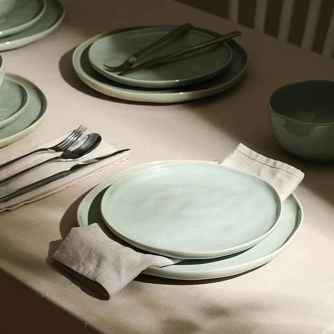 Stone Lain Mirella 12-Piece Stoneware Dinnerware Set for 4 – Reactive Glaze Light Green – Includes Dinner Plates, Salad Plates & Deep Bowls – Organic Modern Design, Microwave & Dishwasher Safe