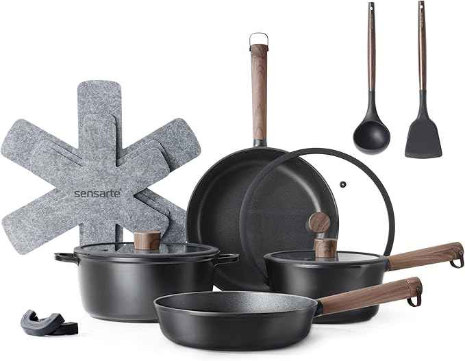 SENSARTE Pots and Pans Set Nonstick Cookware Set Kitchen Cooking Set Non-stick, Dishwasher & Oven Safe, Induction Compatible, Free of Intentionally Added PFOA/PFOS, 13pcs, Black