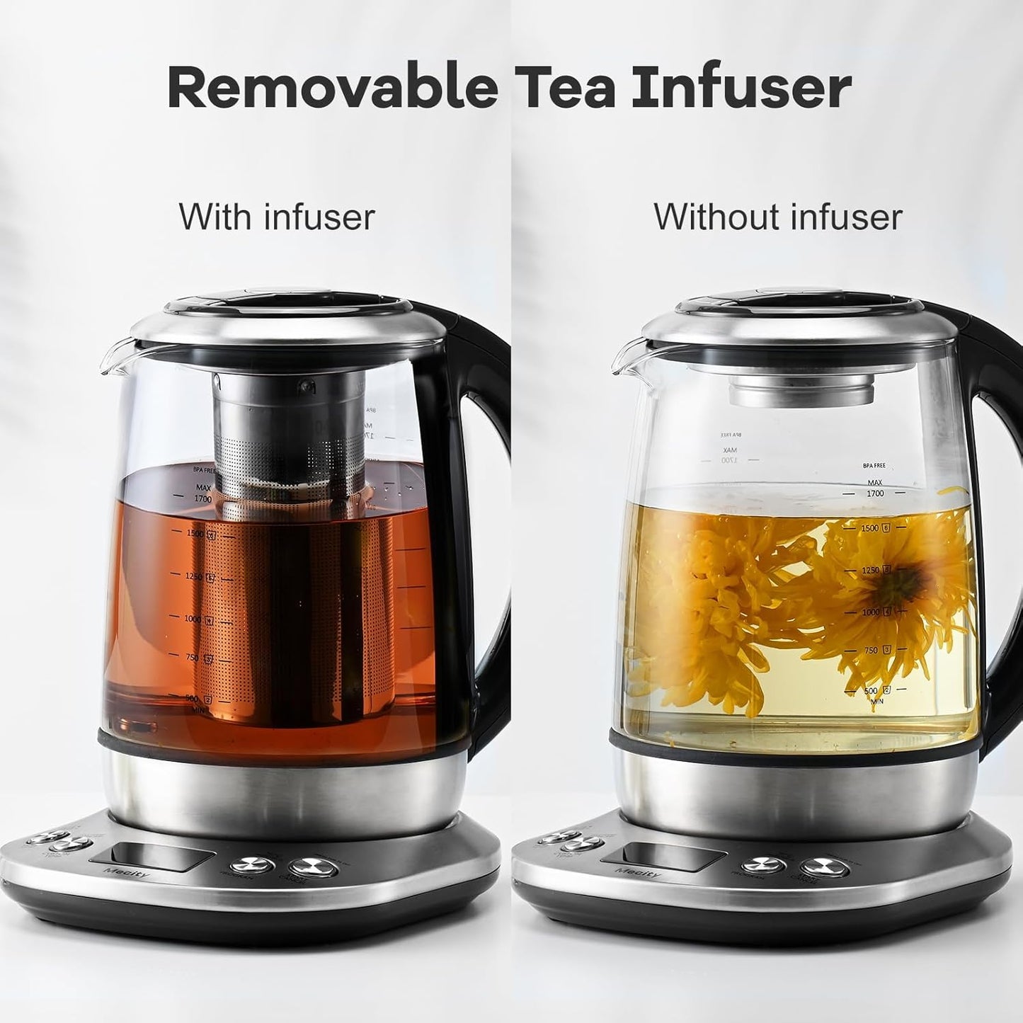 Mecity Electric Tea Kettle Borosilicate Glass Tea Maker With Temperature Control and Infuser - LCD Display and Preset Brewing Programs - 1.7 Liter Water Boiler