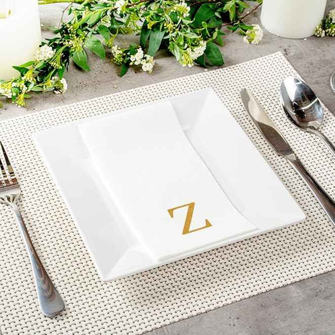 Luxenap 15.8 X 7.9 Inch Linen-Feel Guest Towels, 50 Lettered Hand Towels - Gold Letter 'Z', Sans Serif Font, White Paper Dinner Napkins, airlaid, For Restrooms And Tables - Restaurantware