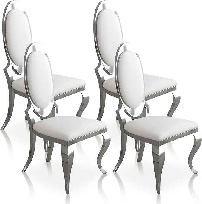 Modern Dining Chairs Set of 4, Luxury Faux Leather Upholstered Armless Dining Room Chair with Mirrored Stainless Steel Silver Legs, Mid Century Accent for Wedding Party Banquet Reception, White