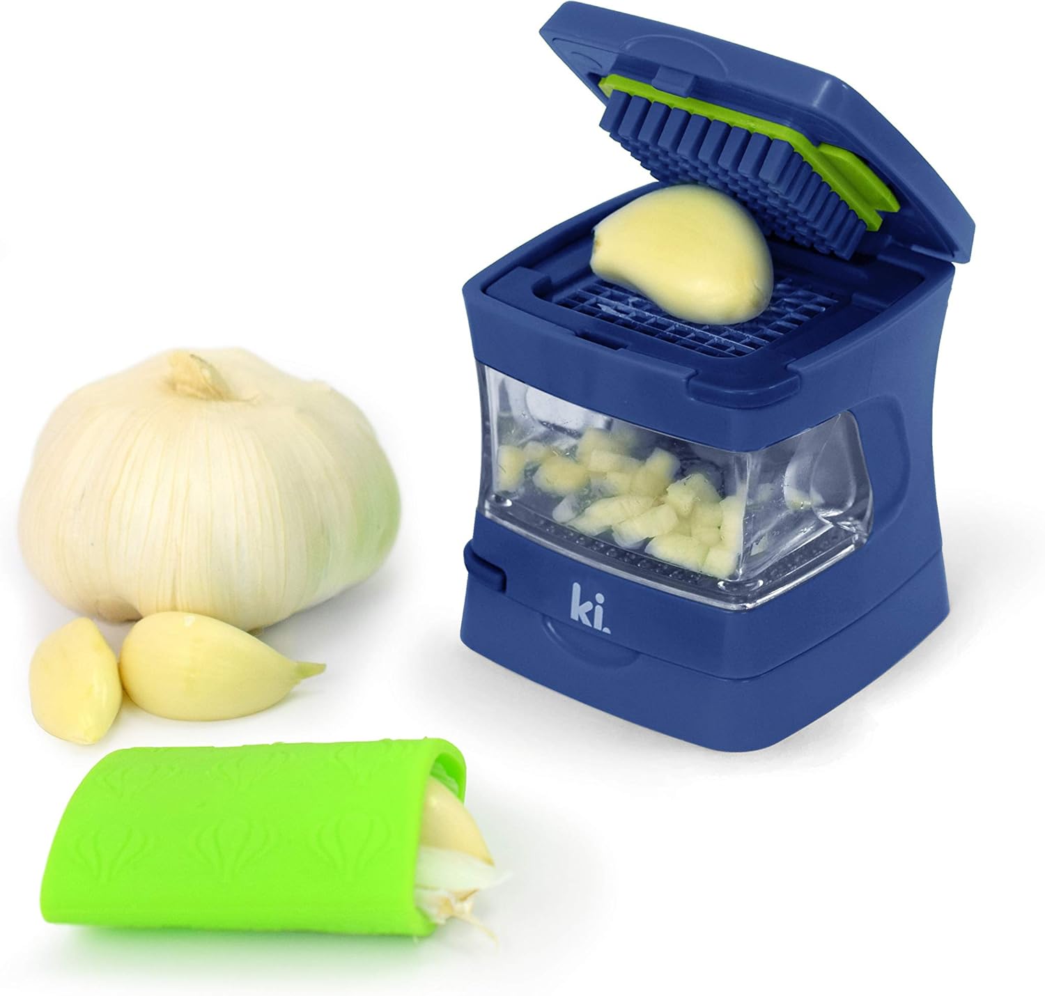 Garlic-A-Peel Garlic Press, Crusher, Cutter, Mincer, and Storage Container - Includes Silicone Garlic Peeler - Easy to Clean - Stainless Steel Blades – (Blue), standard - HomeSpice
