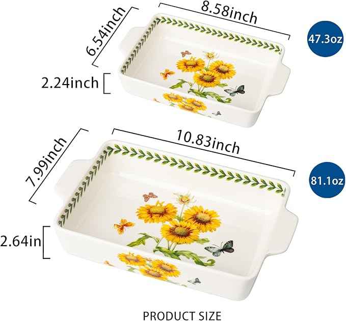 ONCCI In-Glaze Ceramic Baking Dish Set of 2 - Rectangular with Handles,Single Serving Size Casserole dishes 10.8*7.99in & 8.58*6.54inch Sizes - Oven Safe for Cooking, Baking, Casseroles - Dishwasher Safe(Sunflower)