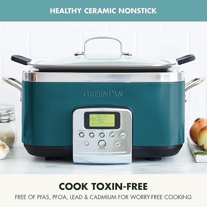 GreenPan Elite 8-in-1 Programmable 6QT Electric Slow Cooker, Dishwasher Safe Lid & Removable Crock, PFAS-Free Healthy Ceramic Nonstick Multi-Cooker, Sear, Sauté/Brown, Steam Basket, Roast, Deep Teal