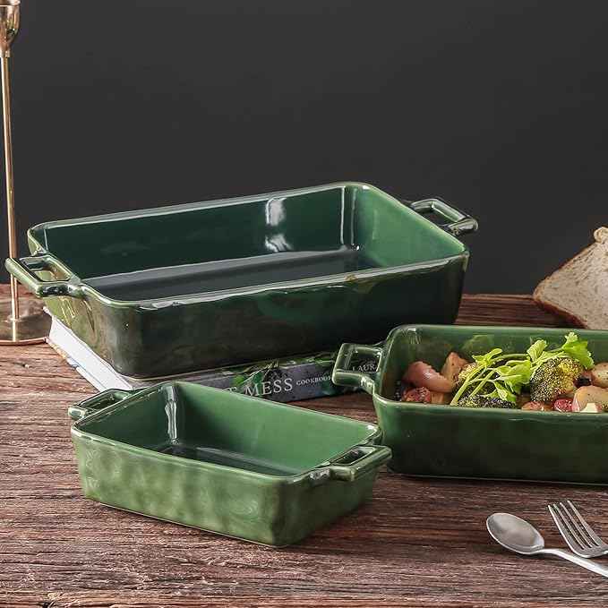 VICRAYS Ceramic Bakeware Set, Porcelain Rectangular Baking Dish, Baking Pan Lasagna Pans Casserole Dish Set for Cooking, Kitchen, Cake Dinner, Banquet and Daily Use, 3 PCS, 15 x 8.5 Inches(Green)