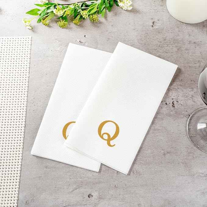 Luxenap 15.8 X 7.9 Inch Linen-Feel Guest Towels, 2000 Lettered Hand Towels - Gold Letter 'Q', Sans Serif Font, White Paper Dinner Napkins, airlaid, For Restrooms And Tables