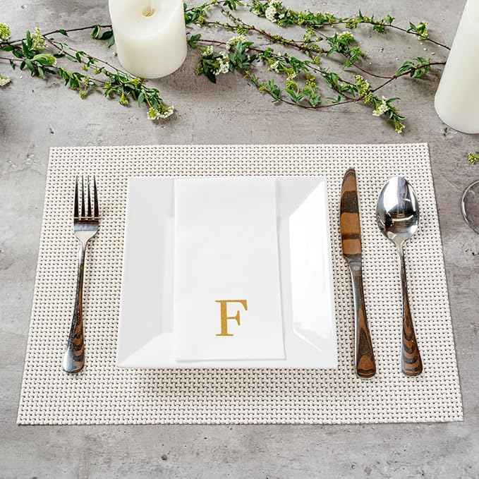 Luxenap 15.8 X 7.9 Inch Linen-Feel Guest Towels, 50 Lettered Hand Towels - Gold Letter 'F', Sans Serif Font, White Paper Dinner Napkins, airlaid, For Restrooms And Tables - Restaurantware