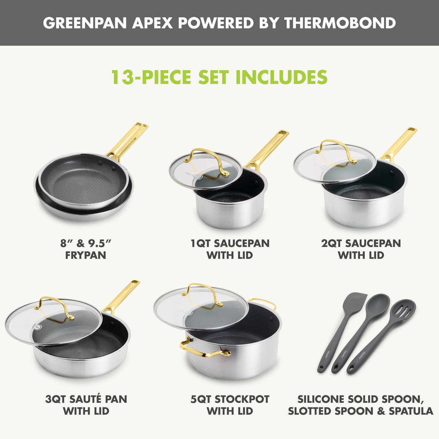 Hybrid APEX 13 Piece Stainless Steel Ceramic Nonstick Cookware Set (Gold)