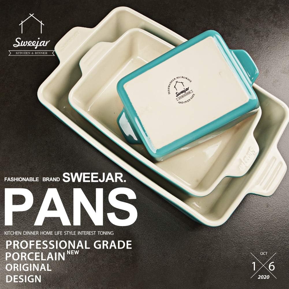 Sweejar Ceramic Bakeware Set, Rectangular Baking Dish for Oven Lasagna Pans for Cooking, Kitchen, Cake Dinner, Banquet and Daily Use, 11.8 x 7.8 x 2.76 Inches of Casserole Dishes (Turquoise)