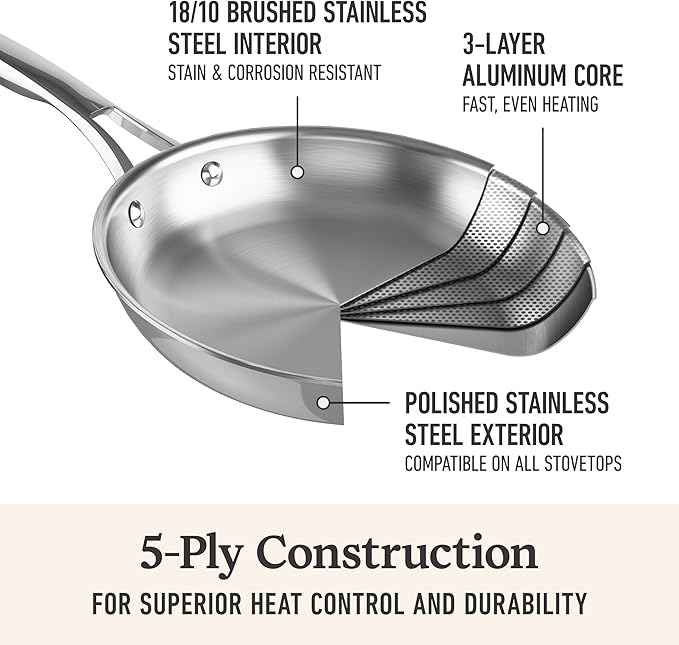 Calphalon Premier Polished 5-Ply Stainless Steel Cookware Set w/Turbo Heat Tech 12 Piece Includes Frying Pans, Pots and Pans Set, Induction, Oven Safe 500F, PFOA Free, Polished Stainless Silver