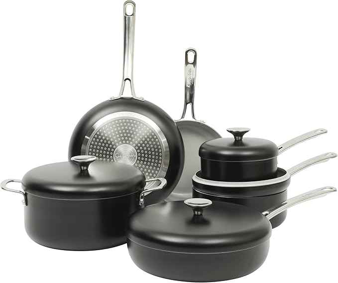 Sur La Table Kitchen Essentials Potluck Porch 10 Piece PFA Free Ceramic Non stick Interior Forged Aluminum Cookware Pots and Pans Set W/Aluminum Lids - Black - Induction Compatible